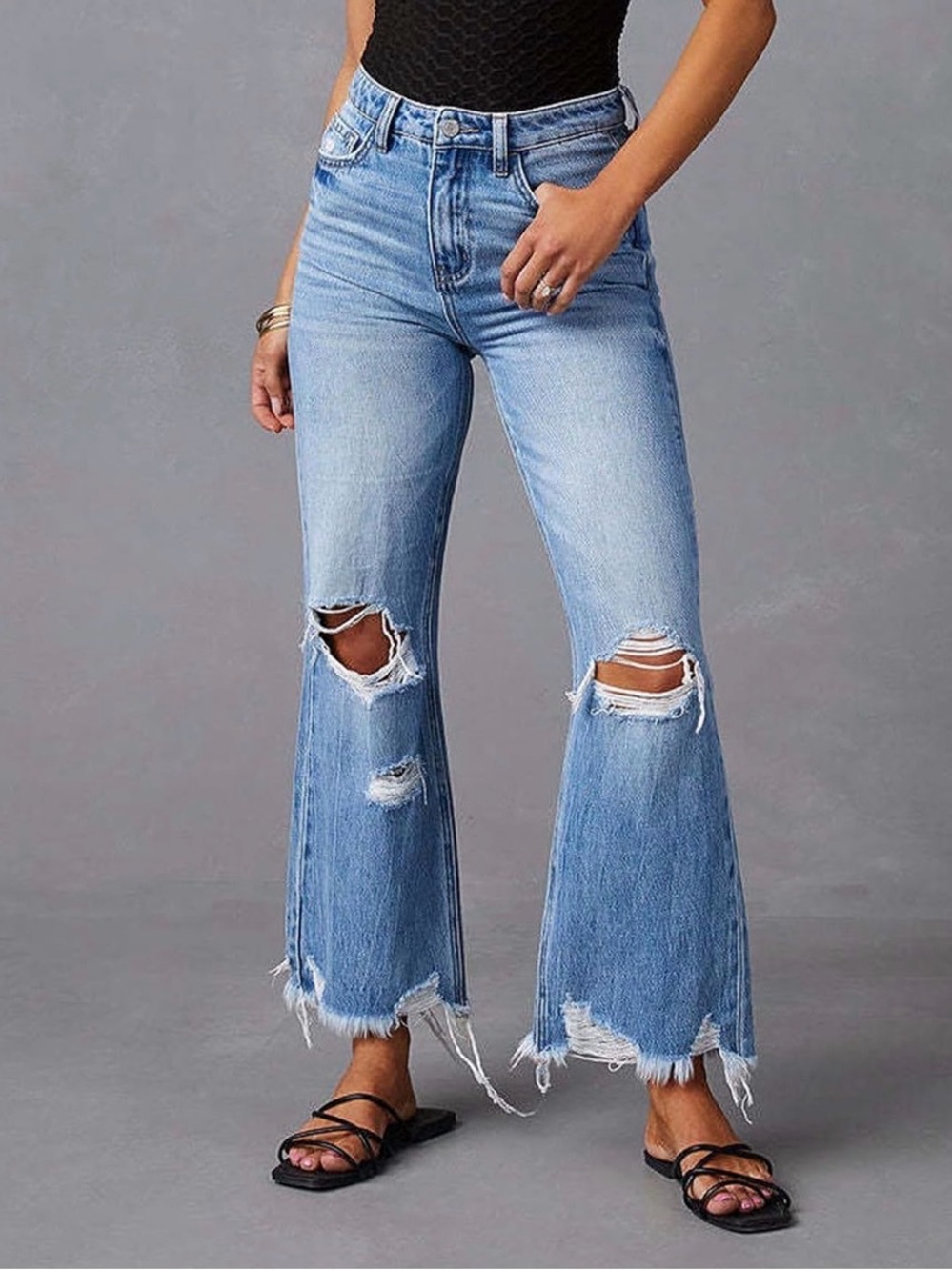 Light Blue Distressed High-Rise Flare Jeans